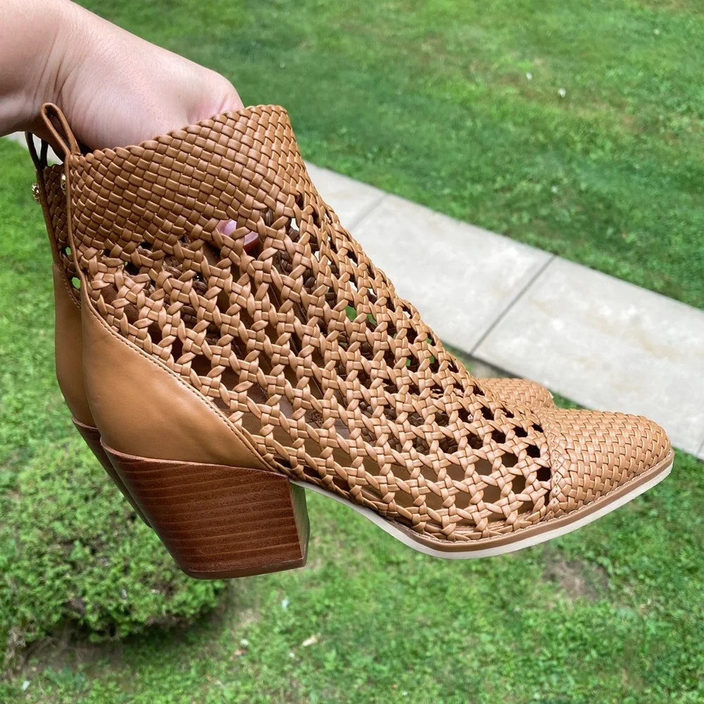 Michael Kors Augustine Tan Brown Woven Leather Ankle Bootie Western Style Boot